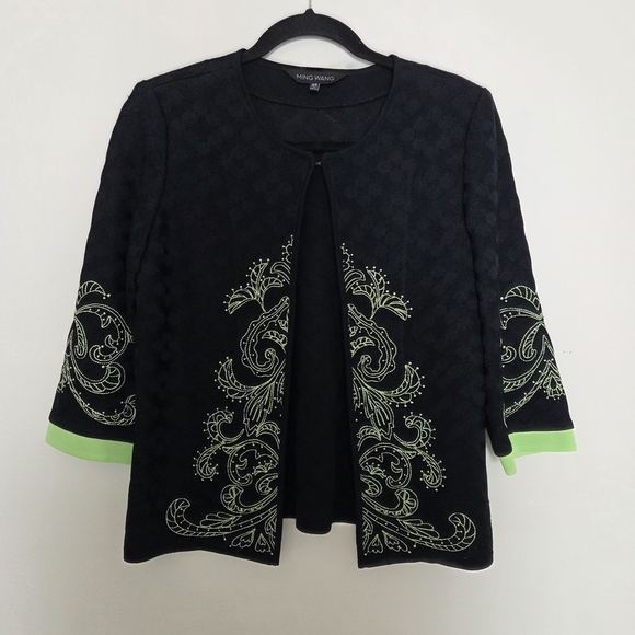 Ming Wang Jackets & Blazers - Ming Wang Black and Green Embroidered Open Cardigan Jacket XS